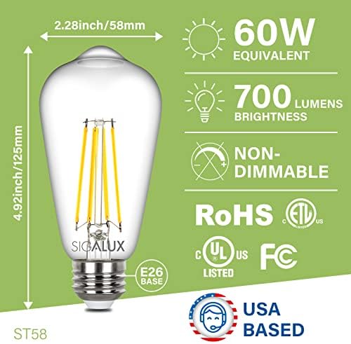 Sigalux Edison Ampuller, E26 LED Ampul ST58 Filament Temizle Olmayan Dim Vintage Ampuller 60 W Eşdeğer Günışığı Beyaz