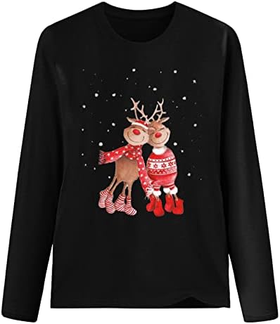 Uzun Kollu Gömlek Kadınlar için Noel Ekip Boyun T-Shirt Sevimli Ren Geyiği Baskılı Tunik Bluz Noel Tatil Tee Tops