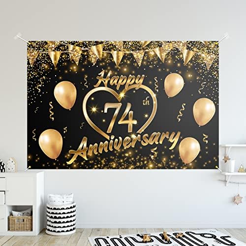 Mutlu 74th Yıldönümü Backdrop Banner Dekor Siyah Altın-Glitter Aşk Kalp Mutlu 74 Yıl Düğün Yıldönümü Parti Tema Süslemeleri