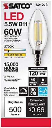 Satco S21273 / 06 5.5 Watt LED E12 Ampuller, 2700K, 15000 Saat Değerlendirme, Kısılabilir, 6'lı Paket