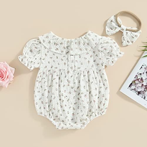 Yenidoğan Bebek Kız Çiçek Kabarcık Kısa Kollu Önlüklü Romper Bodysuit Tulum Sevimli Yaz Kıyafet + Kafa Bandı Elbise