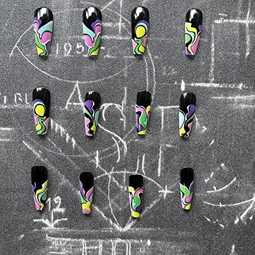 Tırnaklara Basın Uzun Siyah Tabut Akrilik takma tırnak Tam Kapak Parlak Girdap Tasarımlı Renkli Grafiti takma tırnak