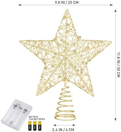 NUOBESTY simli Noel ağacı yıldız 1 adet, altın LED yanıp sönen ağaç üstü lamba süsleme içi boş tel Glitter Noel Treetop