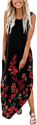Kadınlar Maxi Uzun Tank Elbise Batik Çiçek Baskı Kolsuz O Boyun Bölünmüş Yaz Rahat hamile elbiseleri Plaj Sundress