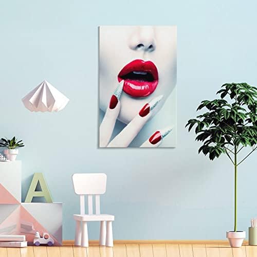 Tırnak Sanat Posterleri Seksi Kırmızı Dudaklar Moda Renk Eşleştirme Tırnak Sanat Güzellik Salonu Makyaj Salonu Posterler