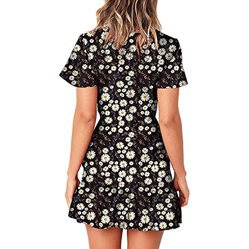Kadın yaz şal v yaka çiçek baskı fırfır kısa kollu papyon Mini çiçekli elbise kemer(siyah, S)