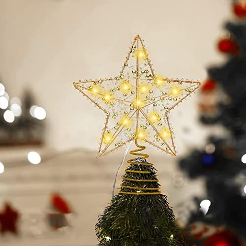 11.4 Noel Yıldız Ağacı Topper, Altın Boncuk Twined Yıldız Hollow Ağacı Topper, dahili 15 Ampuller Altın Ağacı Toppers