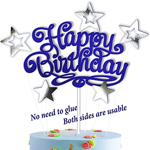 Mavi Mutlu Doğum Günü Pastası Topper 5 Yıldız ile Çift Taraflı Doğum Günü Partisi Süslemeleri için Set El Yapımı