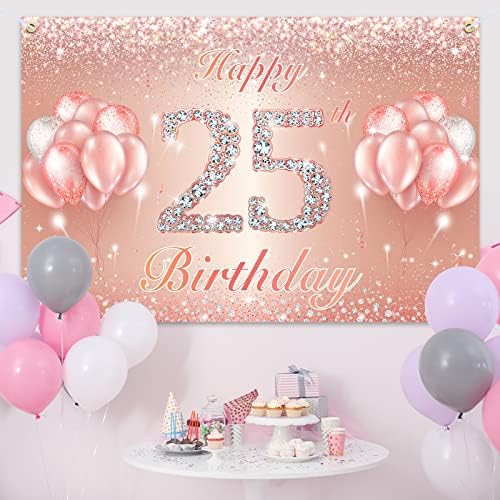 Mutlu 25th Doğum Günü Afiş Zemin-25 Doğum Günü Partisi Süslemeleri Malzemeleri Kadınlar veya Erkekler için-Gül Altın