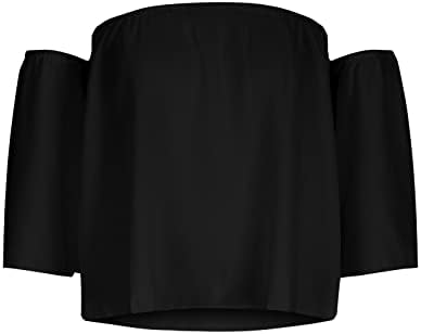 PIMOXV Bayan Yaz Katı Kapalı Omuz Tops 3/4 Kollu Dantelli T - Shirt Bluzlar Seksi Pileli Straplez Şifon Gömlek Tunik