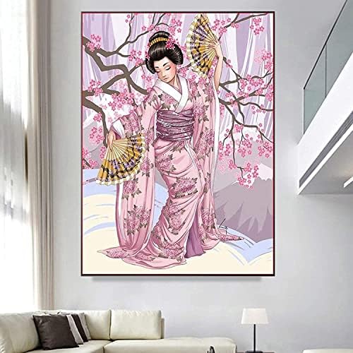 5D Elmas boyama seti Japonya Kimono DIY Kristal Rhinestone Nakış Geyşa Hayranları ile Kiraz Çiçekleri Arasında Sanat