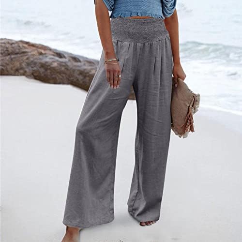 Yaz Rahat Keten pantolon Kadınlar için Gevşek Fit Düz Bacak Pantolon Yüksek Bel Uzun cepli pantolon Rahat Dipleri