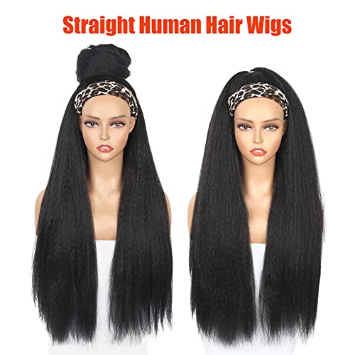 Yebo kafa bandı peruk siyah kadınlar için 30 inç sapıkça düz peruk, siyah kafa bandı ile uzun düz, doğal saç çizgisi